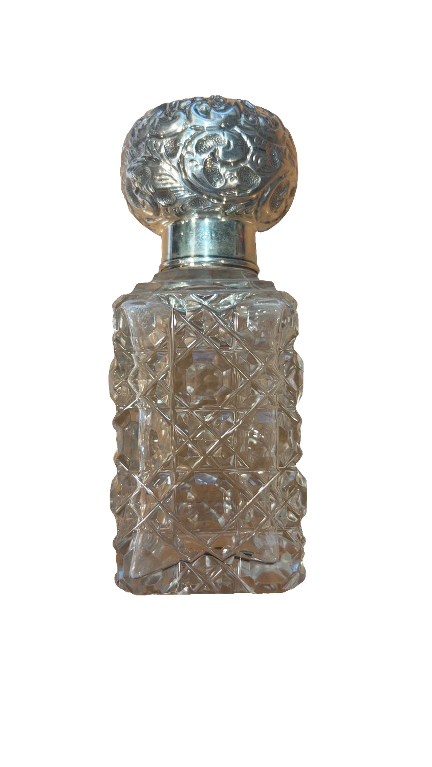 Victorian Sterling Silver Cut Glass Scent Perfume Bottle Antique Collar Lid