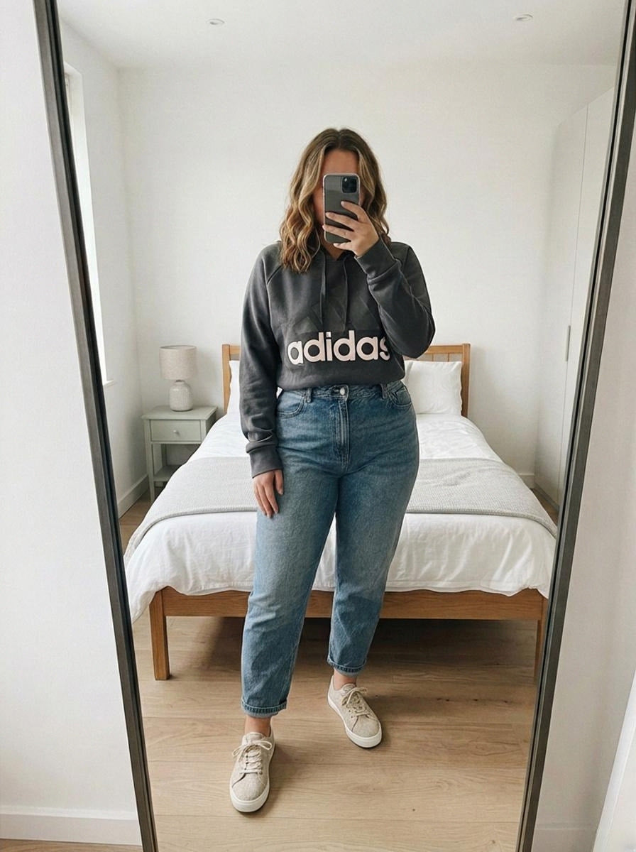 Adidas Hoodie Cotton Black UK 16-18 L Big Logo Print Womens Pullover Casual