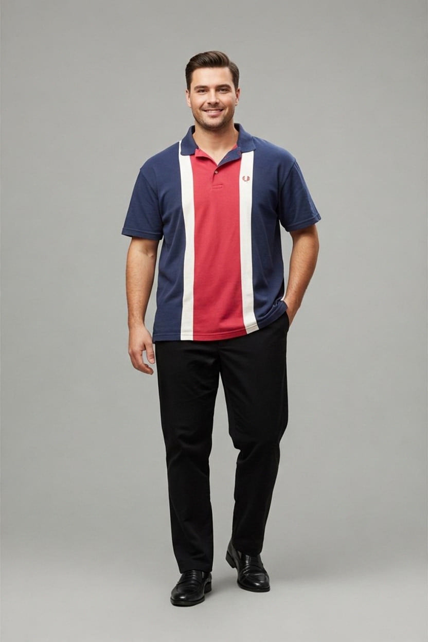 Fred Perry Polo Cotton Navy XL Striped Panel Mens Retro Vintage