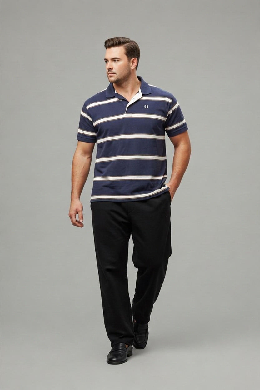 Fred Perry Polo Shirt Cotton Navy XL Striped Mens Retro Preppy Short Sleeve