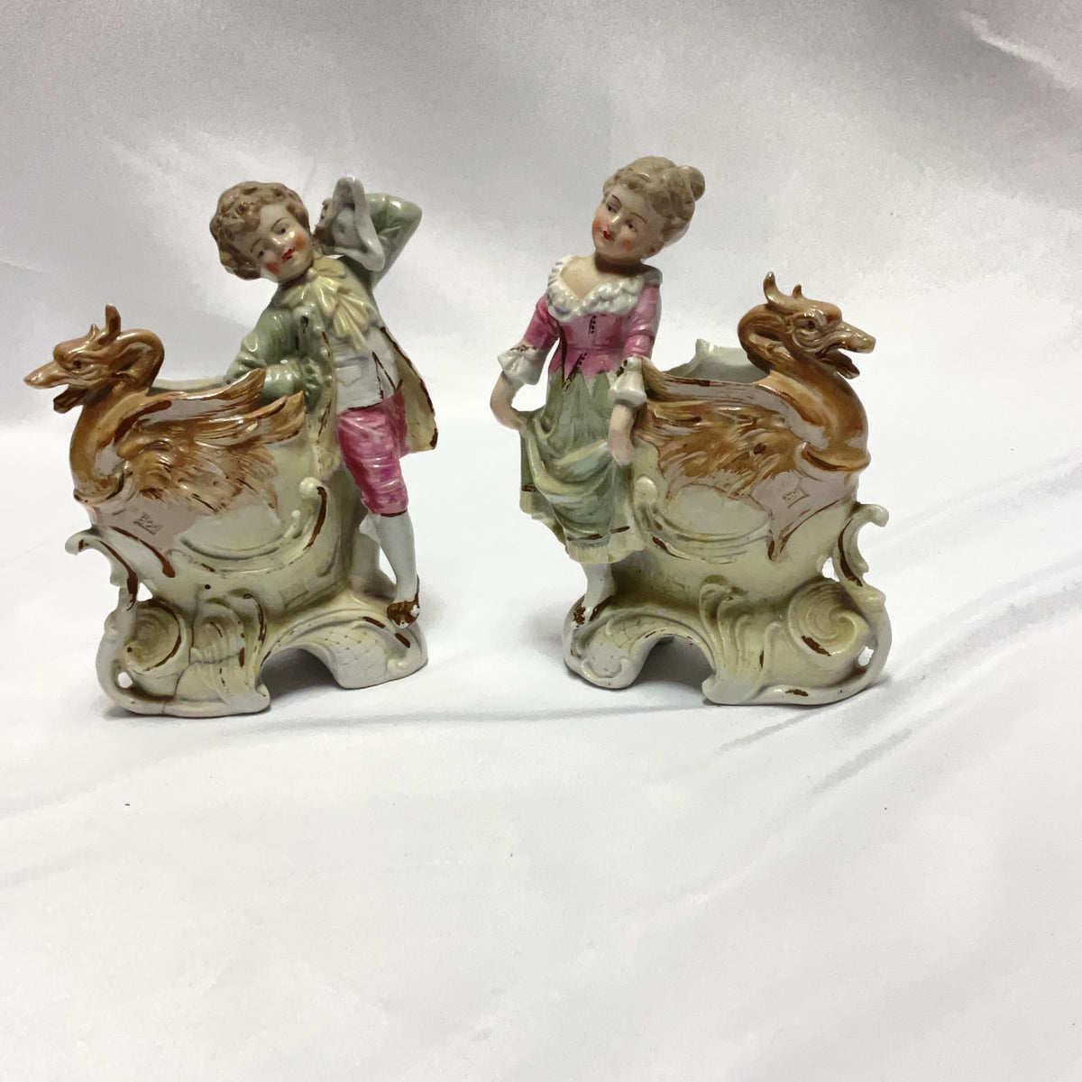 Antique Porcelain Figurine Pair Dragon Vase Boy Girl Gilt Vintage Rococo