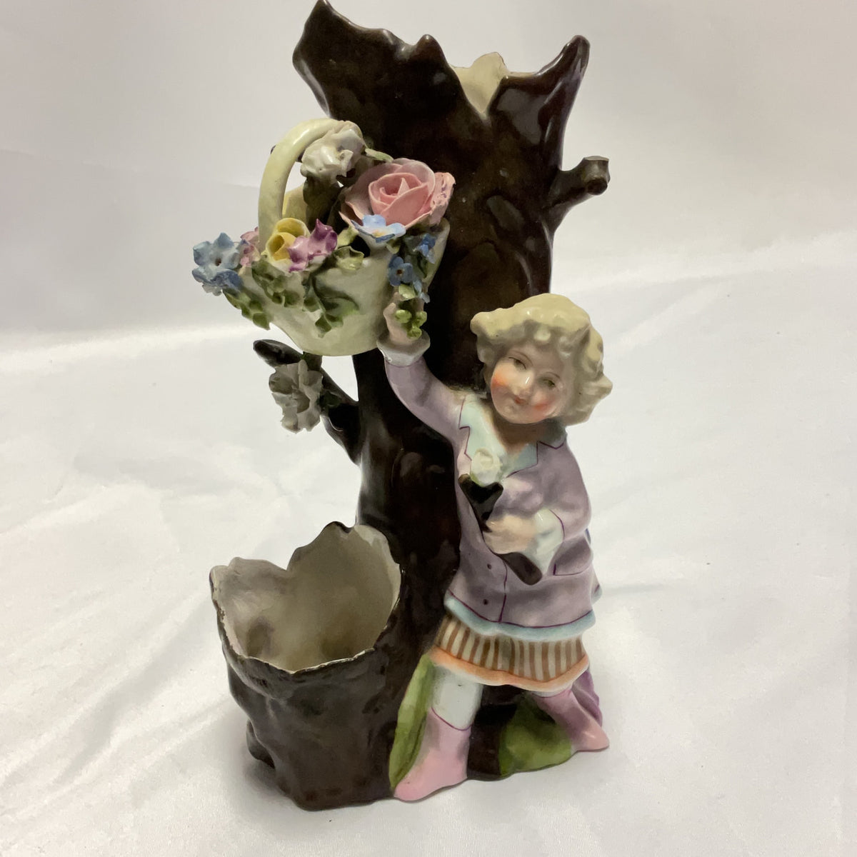 Vintage Porcelain Figurine Vase Girl Flower Basket Tree Stump Cottagecore Decor