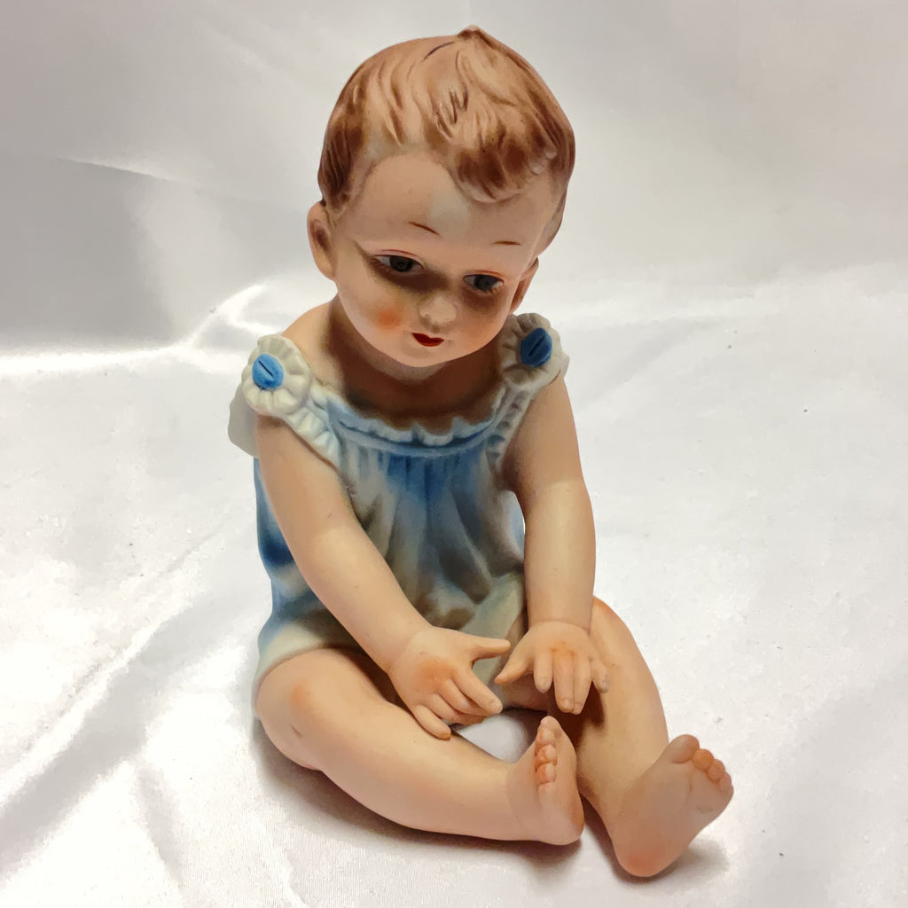 Vintage Bisque Porcelain Baby Figurine Blue White Made in Taiwan Collectible