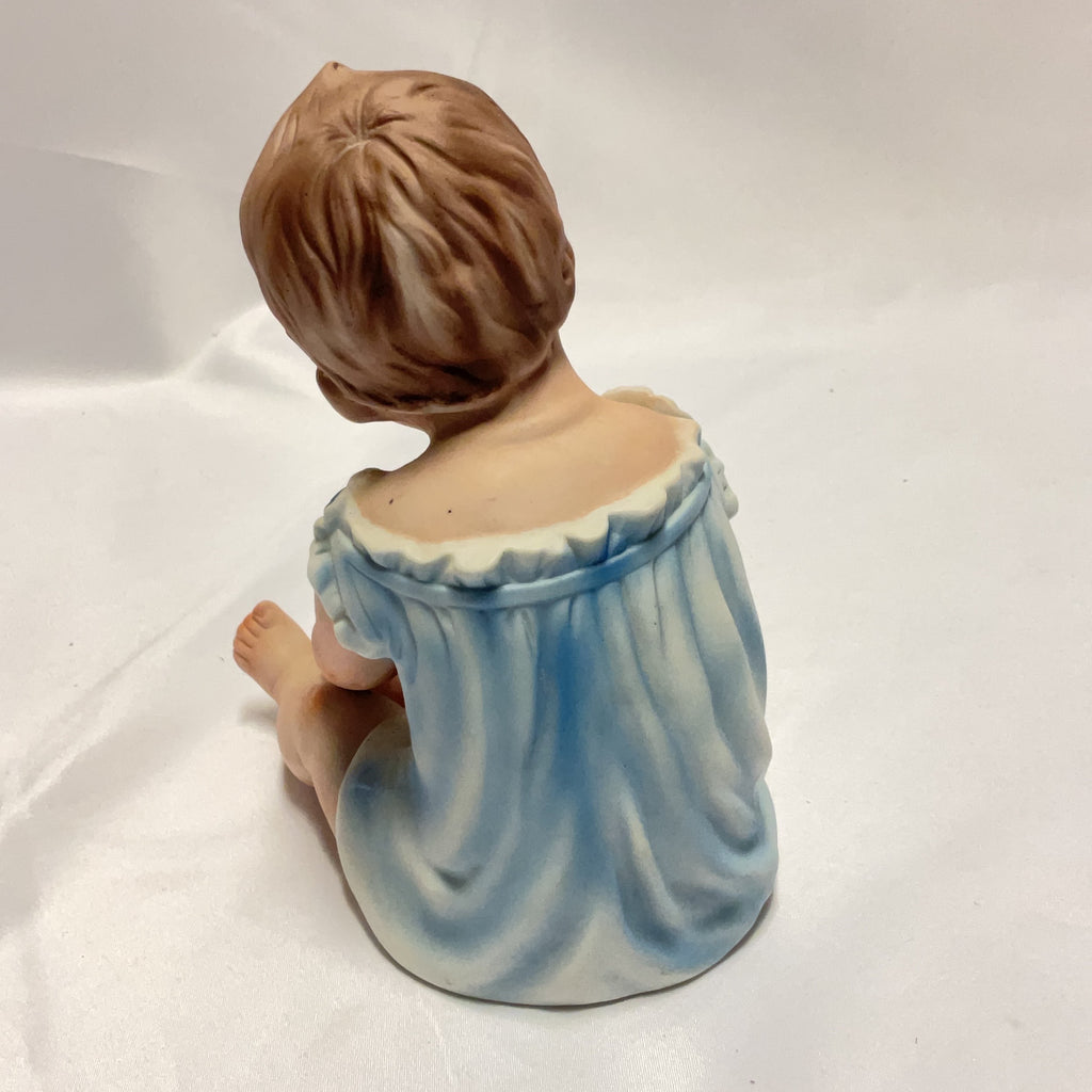 Vintage Bisque Porcelain Baby Figurine Blue White Made in Taiwan Collectible