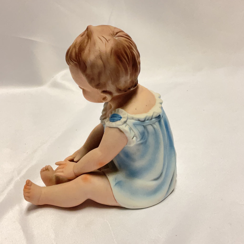 Vintage Bisque Porcelain Baby Figurine Blue White Made in Taiwan Collectible