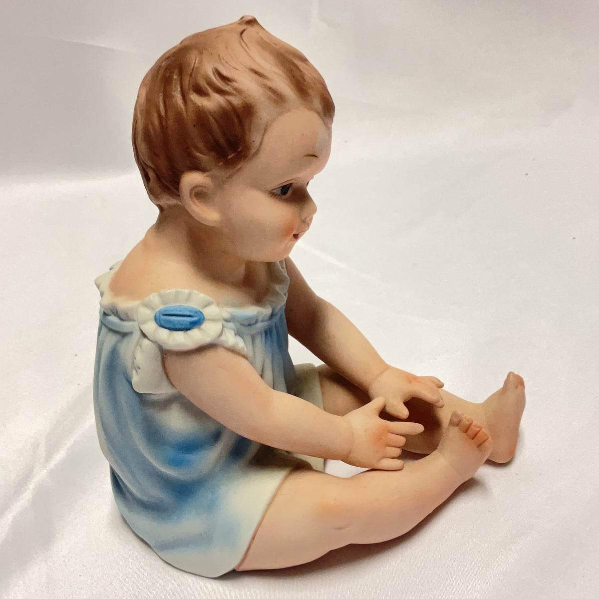 Vintage Bisque Porcelain Baby Figurine Blue White Made in Taiwan Collectible