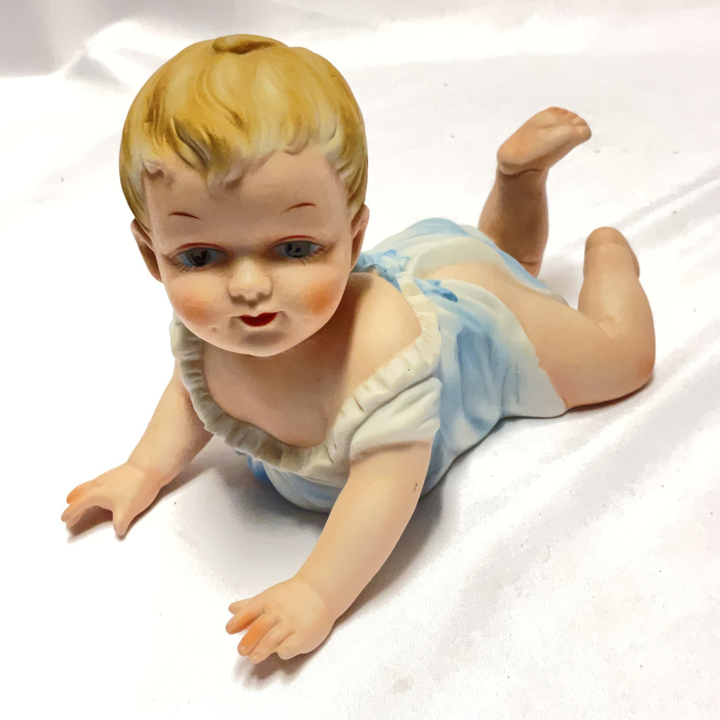 Vintage Bisque Porcelain Crawling Baby Figurine Blue White Piano Baby