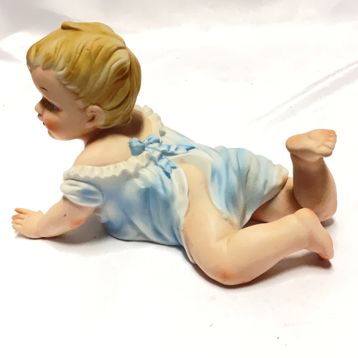 Vintage Bisque Porcelain Crawling Baby Figurine Blue White Piano Baby