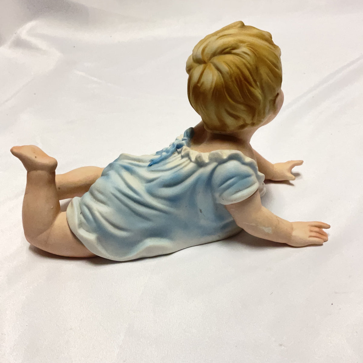 Vintage Bisque Porcelain Crawling Baby Figurine Blue White Piano Baby