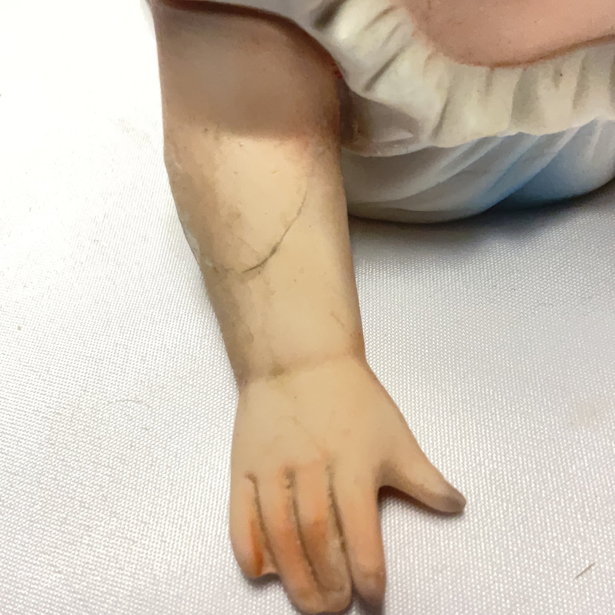 Vintage Bisque Porcelain Crawling Baby Figurine Blue White Piano Baby