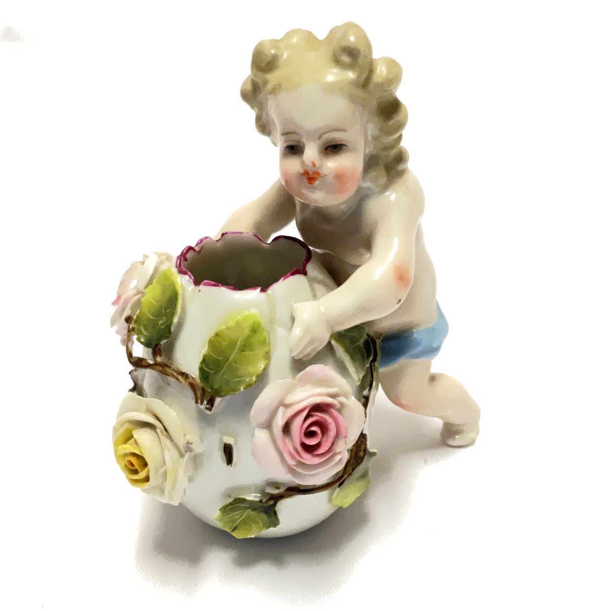 Porcelain Cherub Figurine Vase Multi Floral Roses Antique Style Ornament