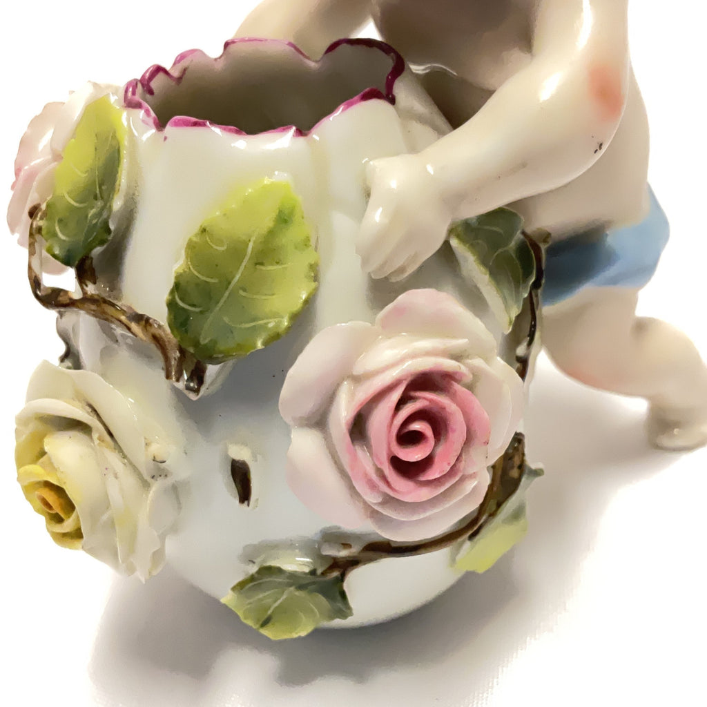 Porcelain Cherub Figurine Vase Multi Floral Roses Antique Style Ornament