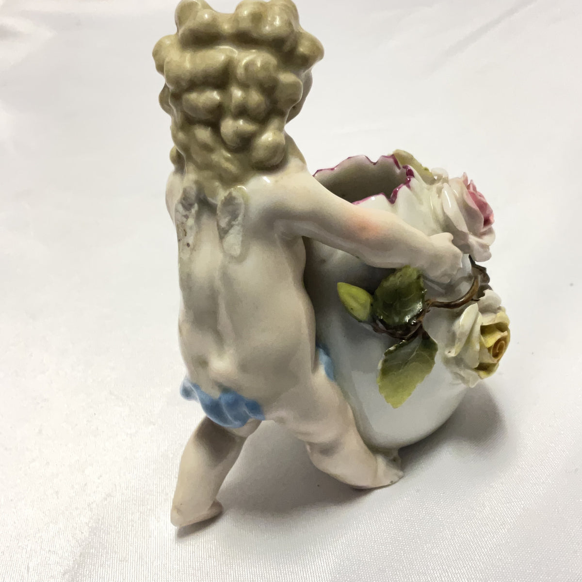 Porcelain Cherub Figurine Vase Multi Floral Roses Antique Style Ornament
