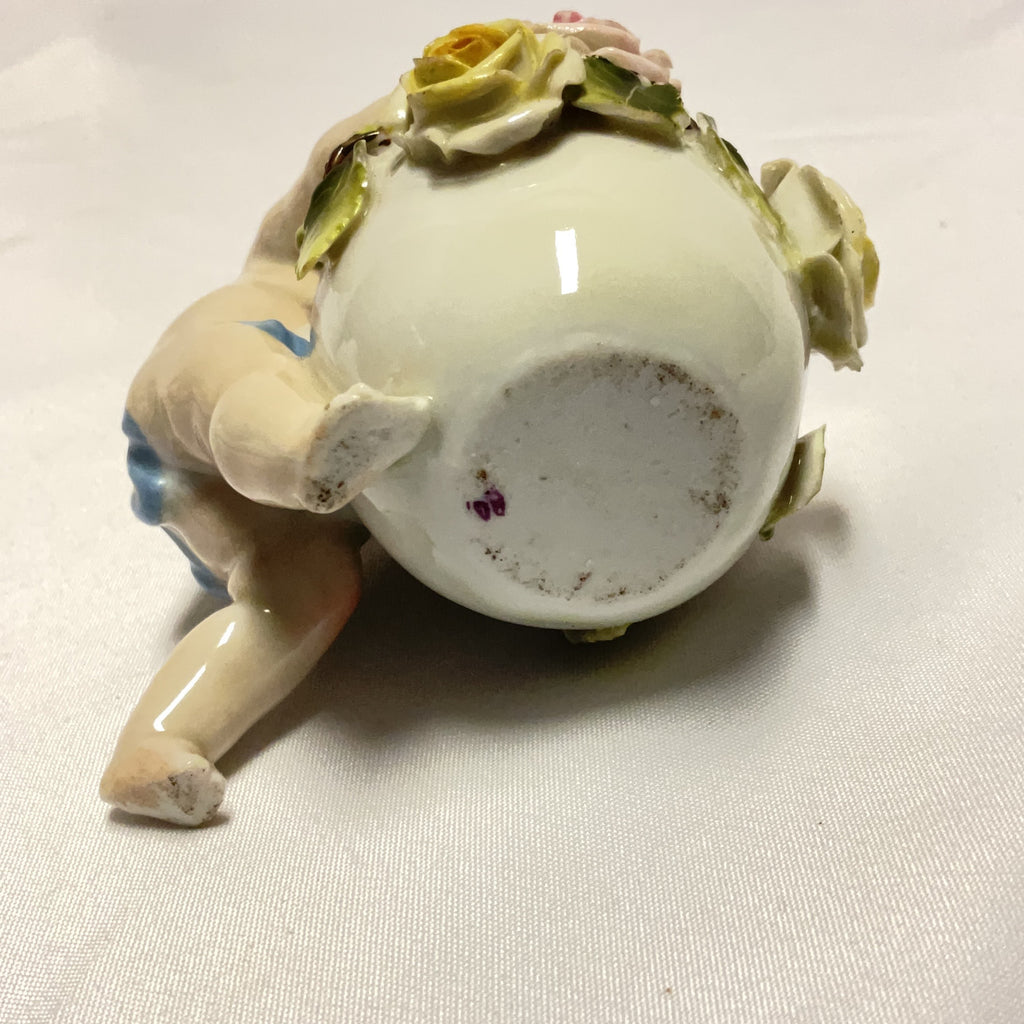 Porcelain Cherub Figurine Vase Multi Floral Roses Antique Style Ornament