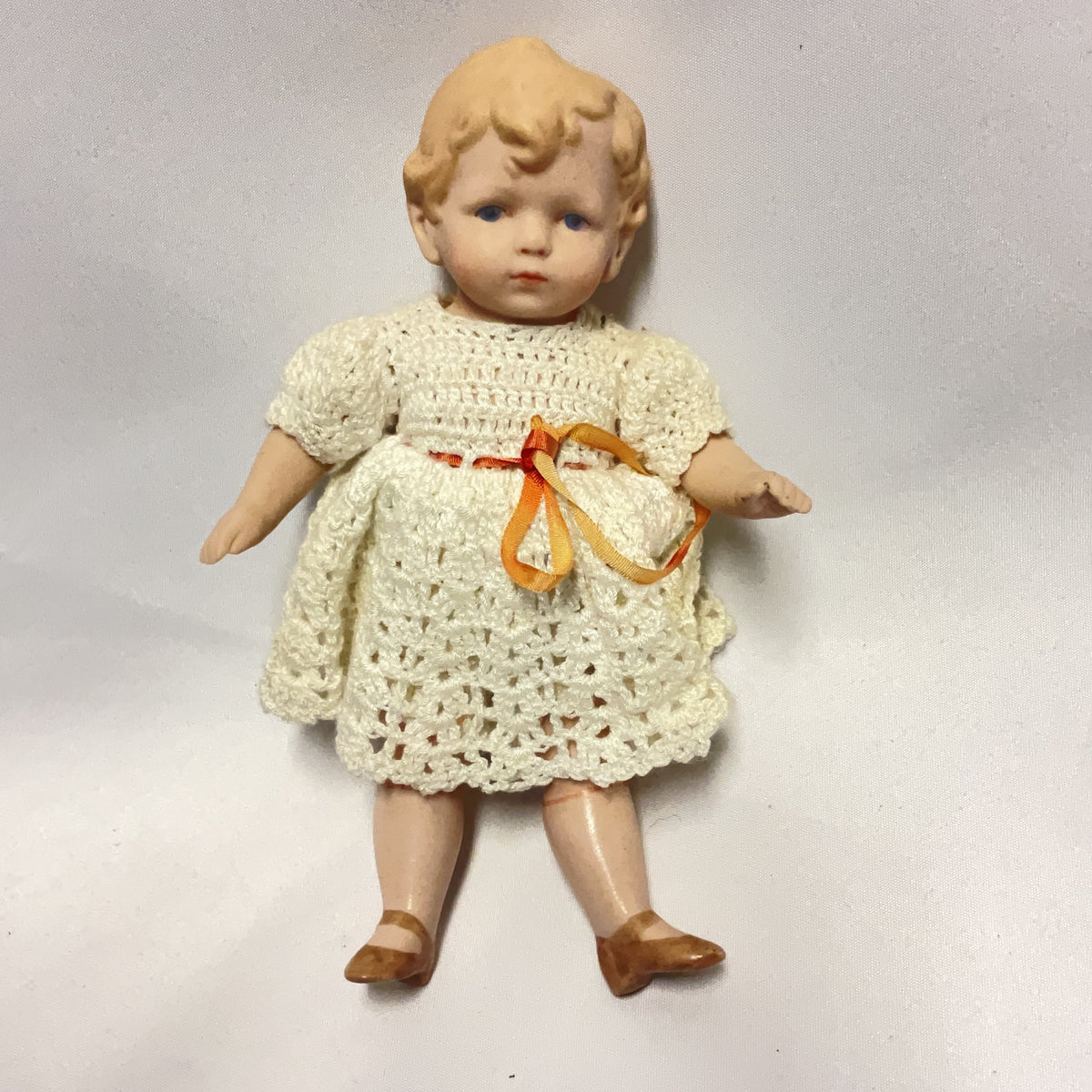 Vintage Bisque Doll Crochet White Dress Small Antique Jointed Collectible