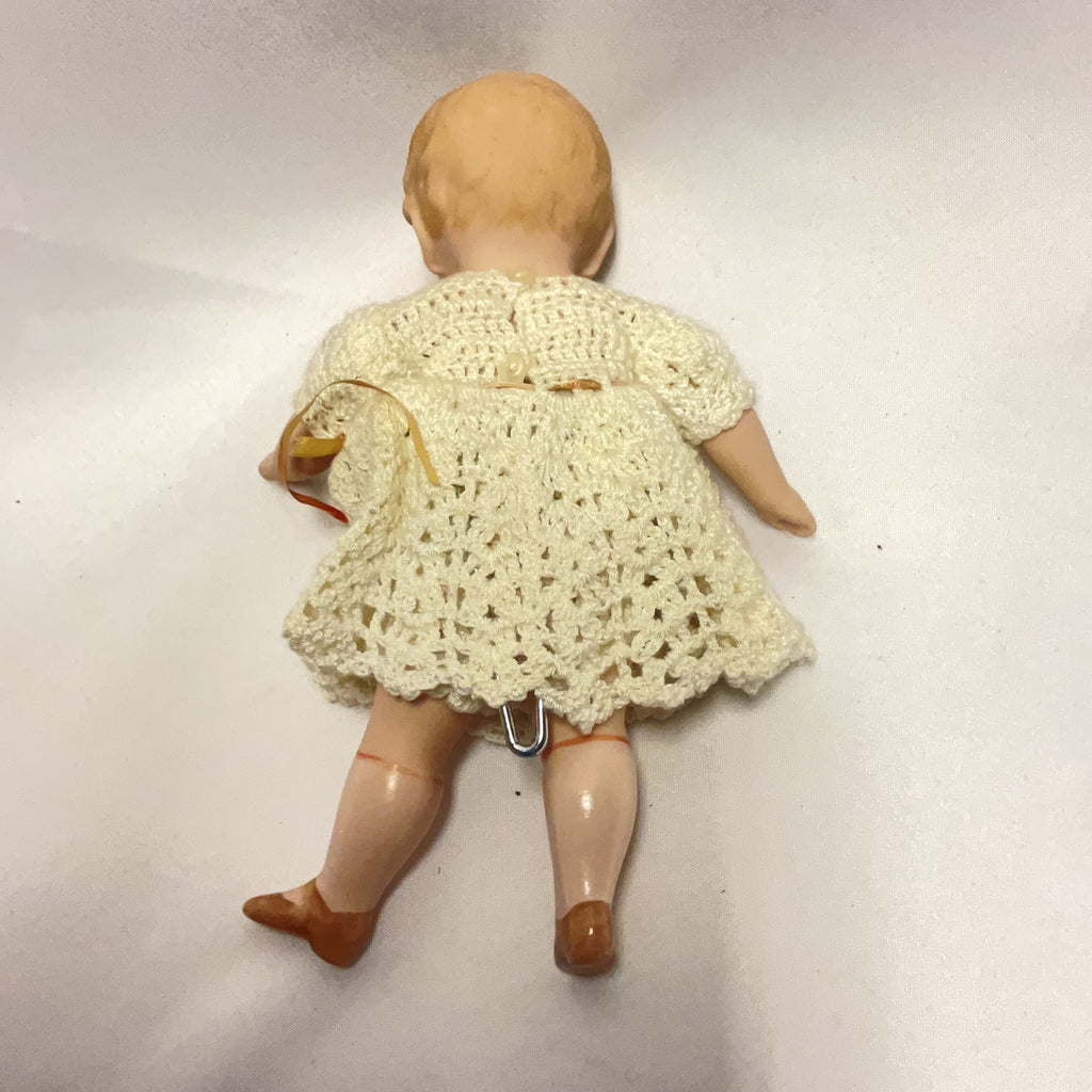 Vintage Bisque Doll Crochet White Dress Small Antique Jointed Collectible