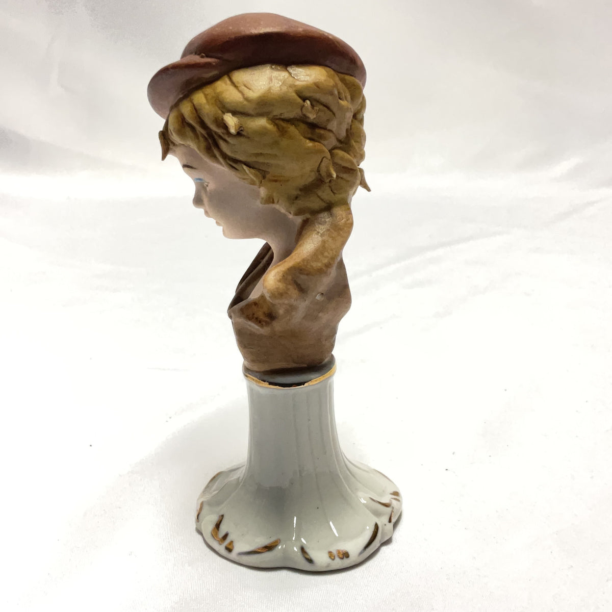 Vintage Porcelain Figurine Bust Cap Brown White Ceramic Pedestal Base