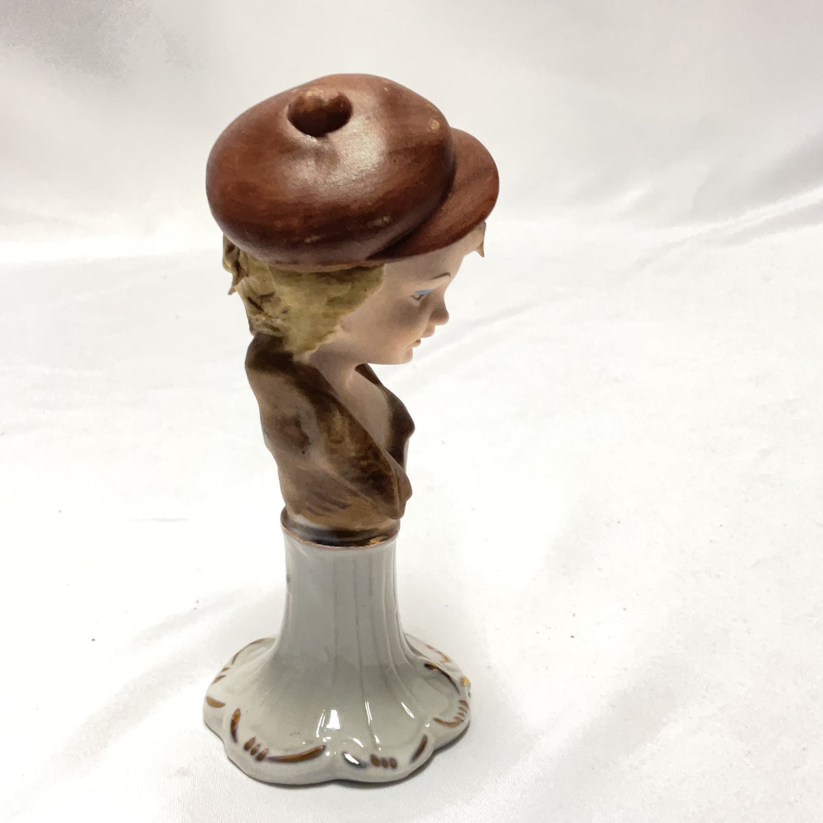 Vintage Porcelain Figurine Bust Cap Brown White Ceramic Pedestal Base