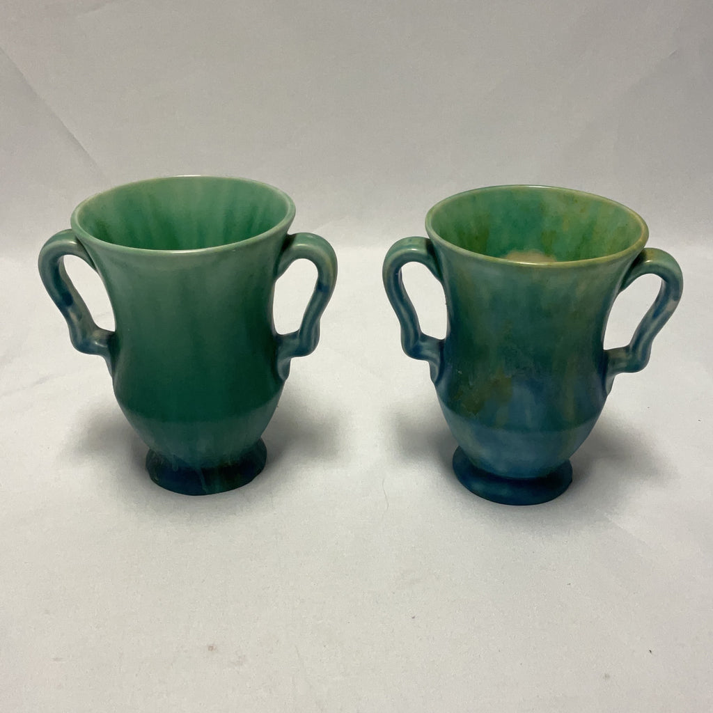 Trentham Art Ware Vases Ceramic Green Blue Pair Vintage Drip Glaze Pottery 158