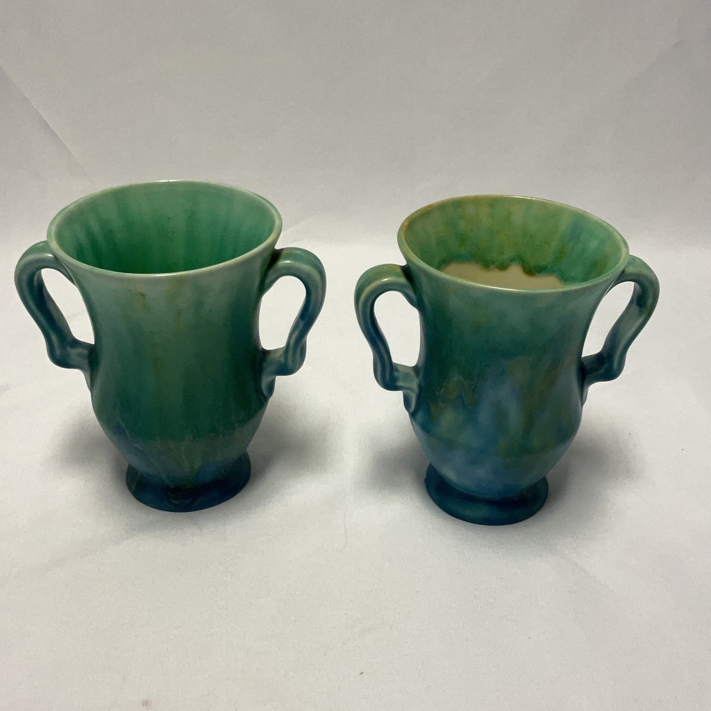 Trentham Art Ware Vases Ceramic Green Blue Pair Vintage Drip Glaze Pottery 158