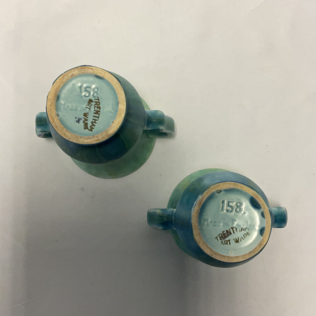 Trentham Art Ware Vases Ceramic Green Blue Pair Vintage Drip Glaze Pottery 158