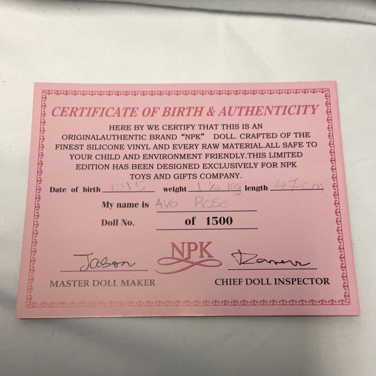NPK Reborn Doll Silicone Pink Ava Rose Limited Edition No Box