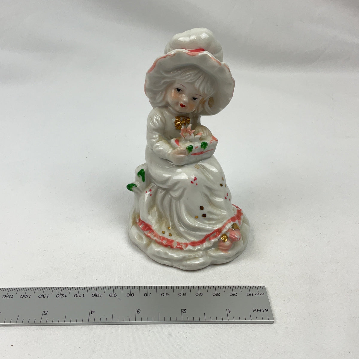 Vintage Porcelain Figurine Girl Bonnet Flower Basket Hand Painted Collectible