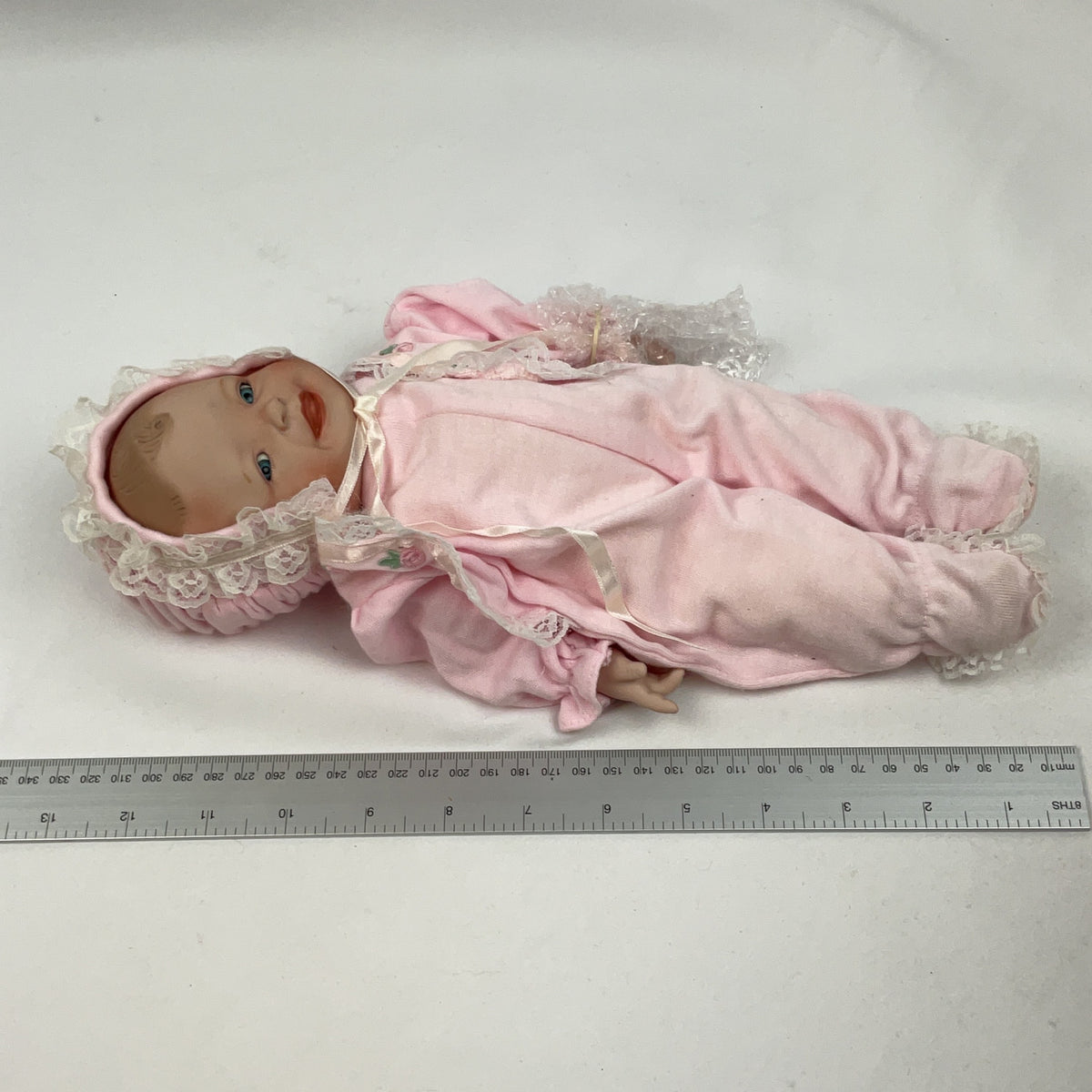 Porcelain Baby Doll Pink Romper Bonnet Boxed Collectible Vintage Style