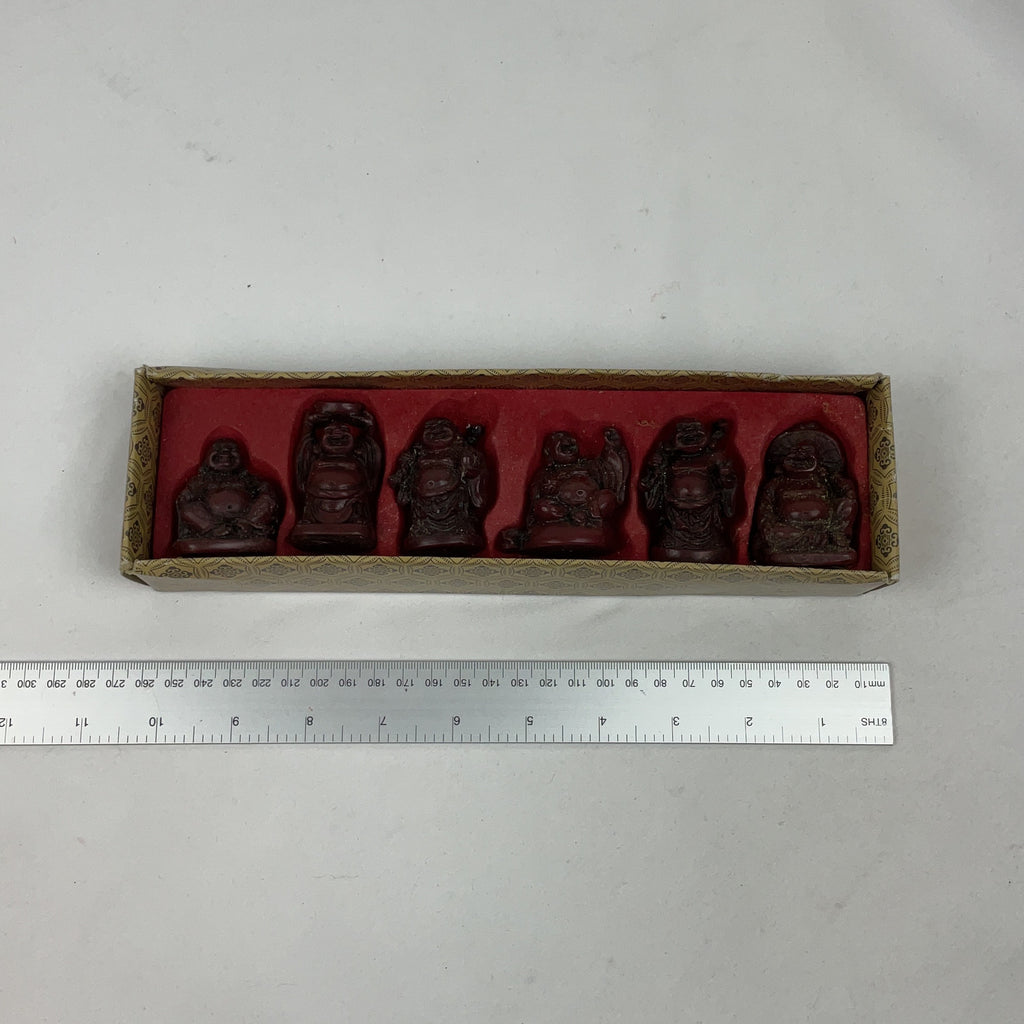 Laughing Buddha Figurine Set Resin Burgundy Boxed Feng Shui Chinese Decor