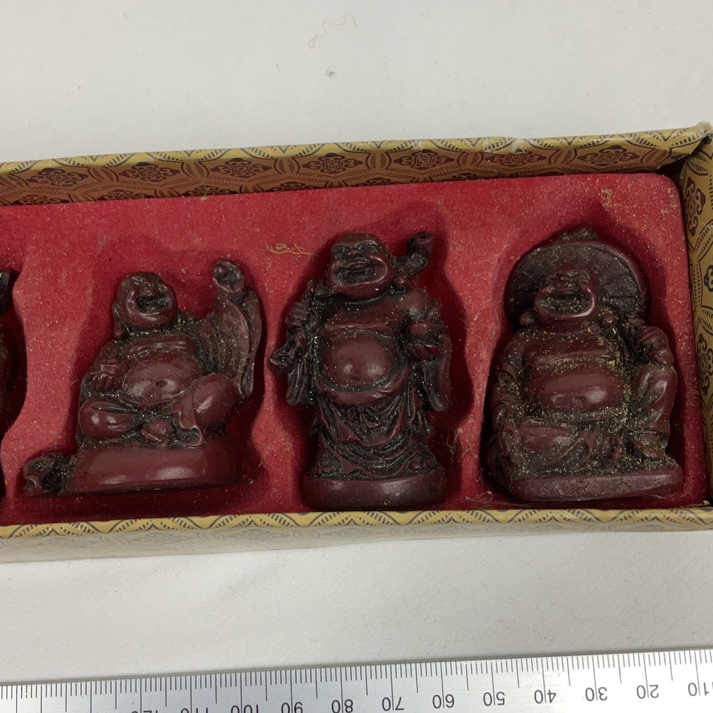 Laughing Buddha Figurine Set Resin Burgundy Boxed Feng Shui Chinese Decor