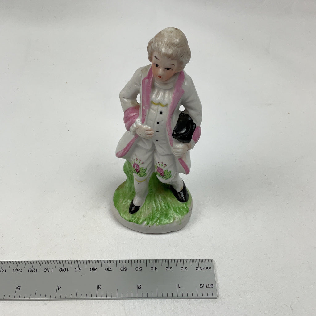 Vintage Porcelain Figurine Boy Colonial Outfit White Pink Bisque Ornament