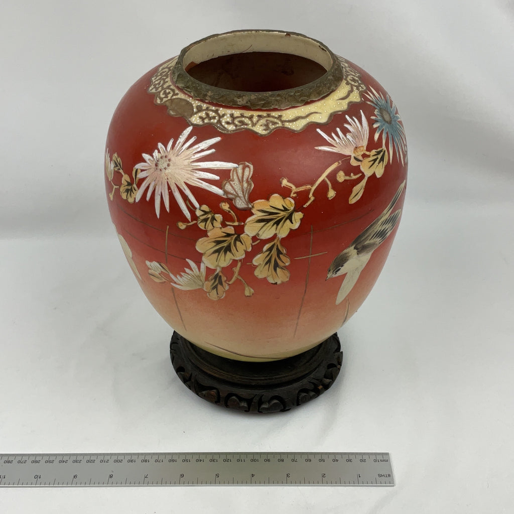 Antique Satsuma Style Porcelain Vase Red Floral Bird Wooden Stand Japanese