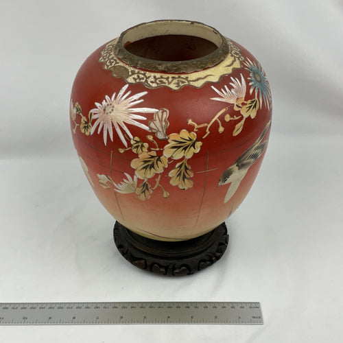 Antique Satsuma Style Porcelain Vase Red Floral Bird Wooden Stand Japanese