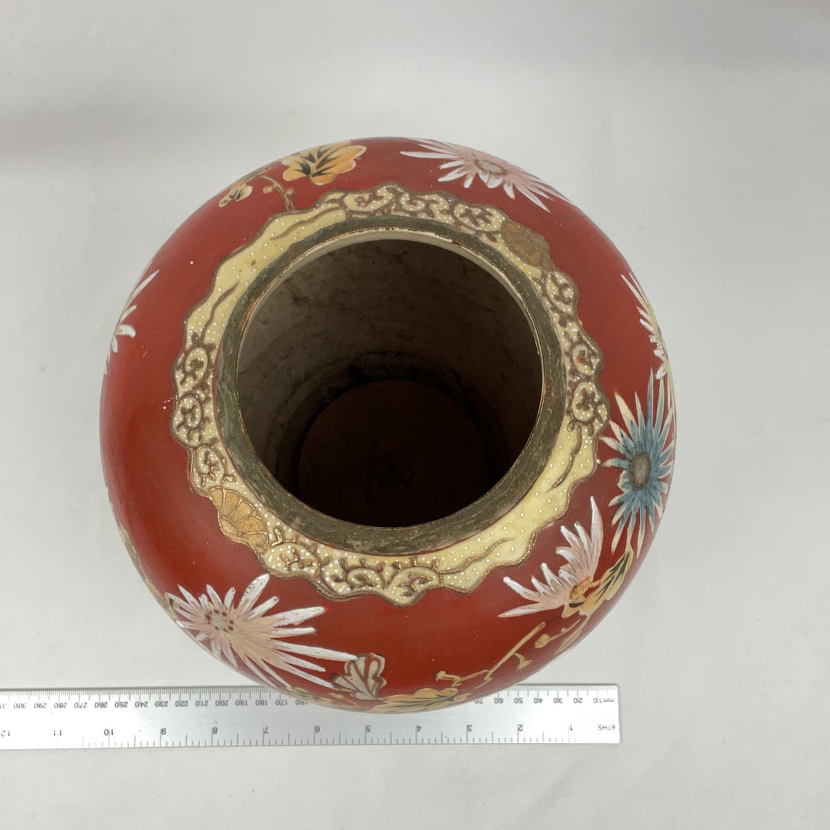 Antique Satsuma Style Porcelain Vase Red Floral Bird Wooden Stand Japanese