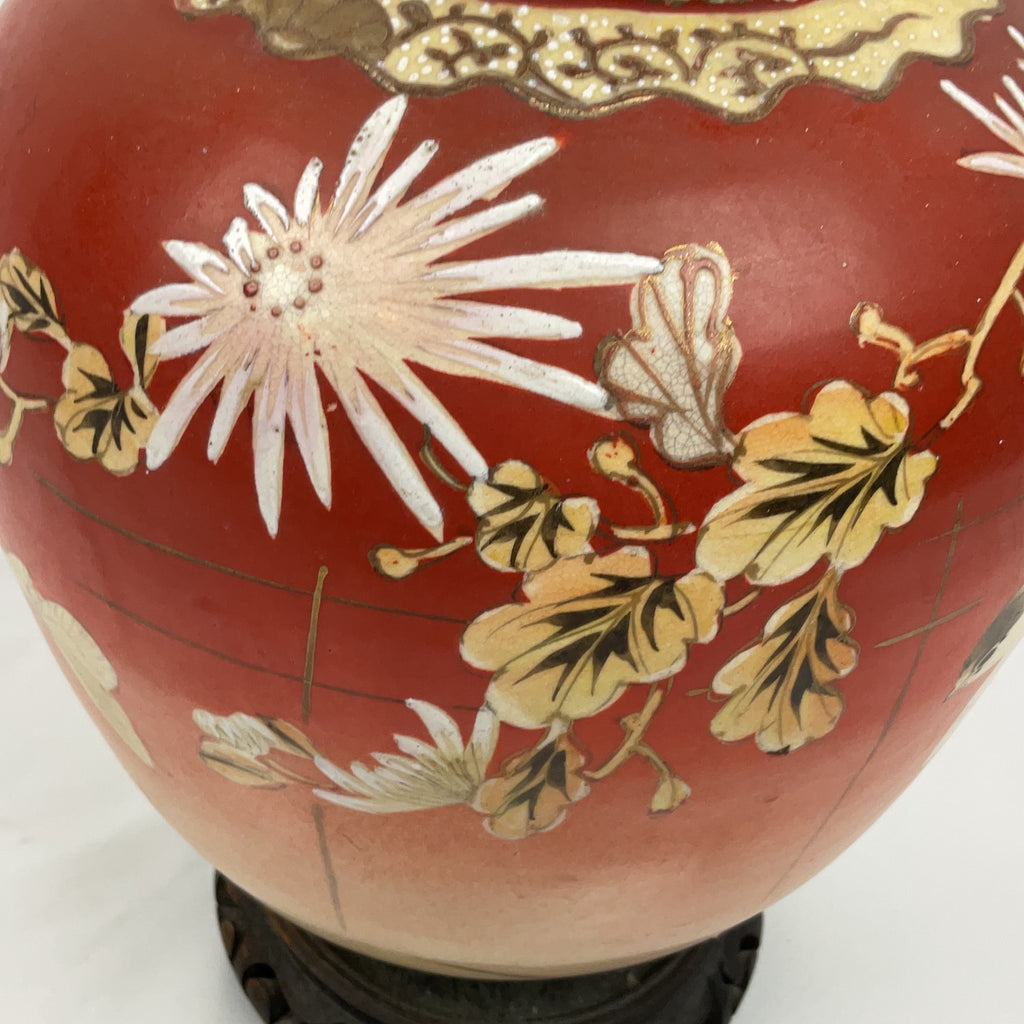 Antique Satsuma Style Porcelain Vase Red Floral Bird Wooden Stand Japanese