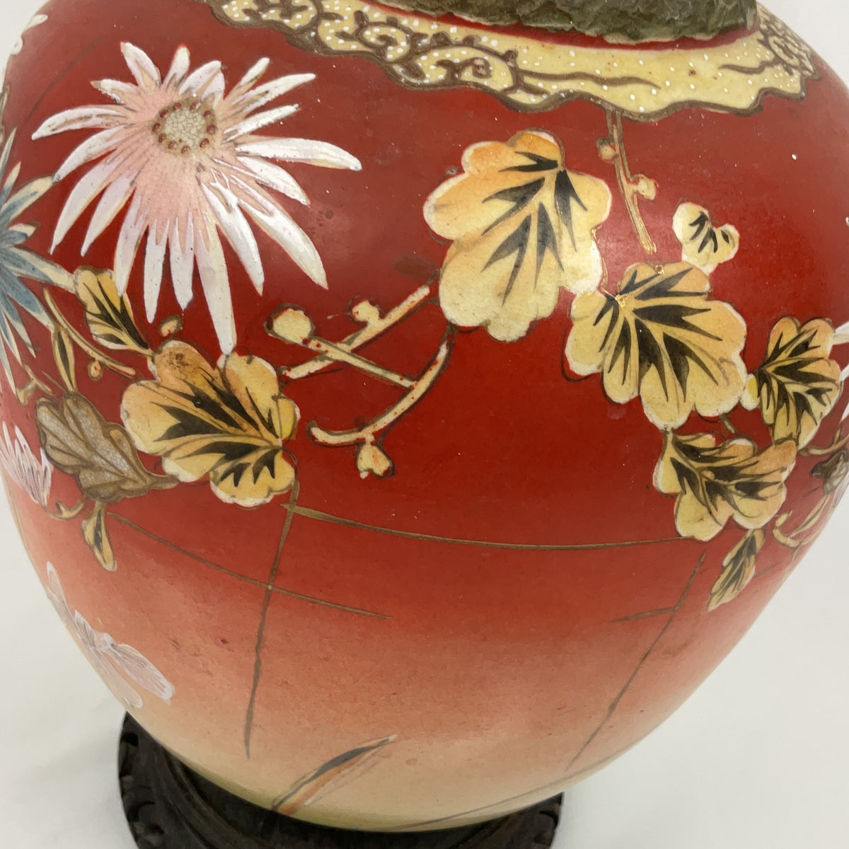 Antique Satsuma Style Porcelain Vase Red Floral Bird Wooden Stand Japanese