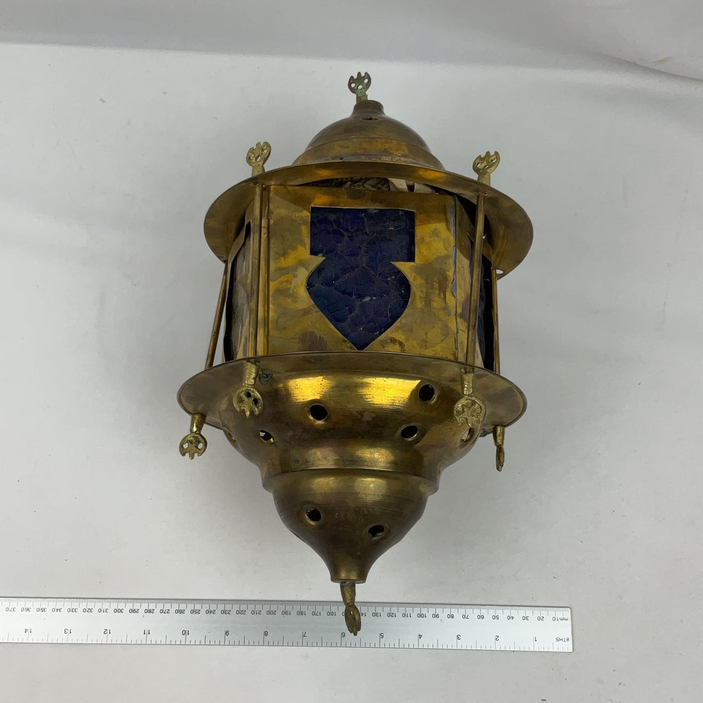 Brass Hanging Lantern Blue Glass Vintage Moroccan Style Pierced Ceiling Light