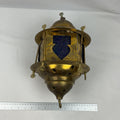 Brass Hanging Lantern Blue Glass Vintage Moroccan Style Pierced Ceiling Light