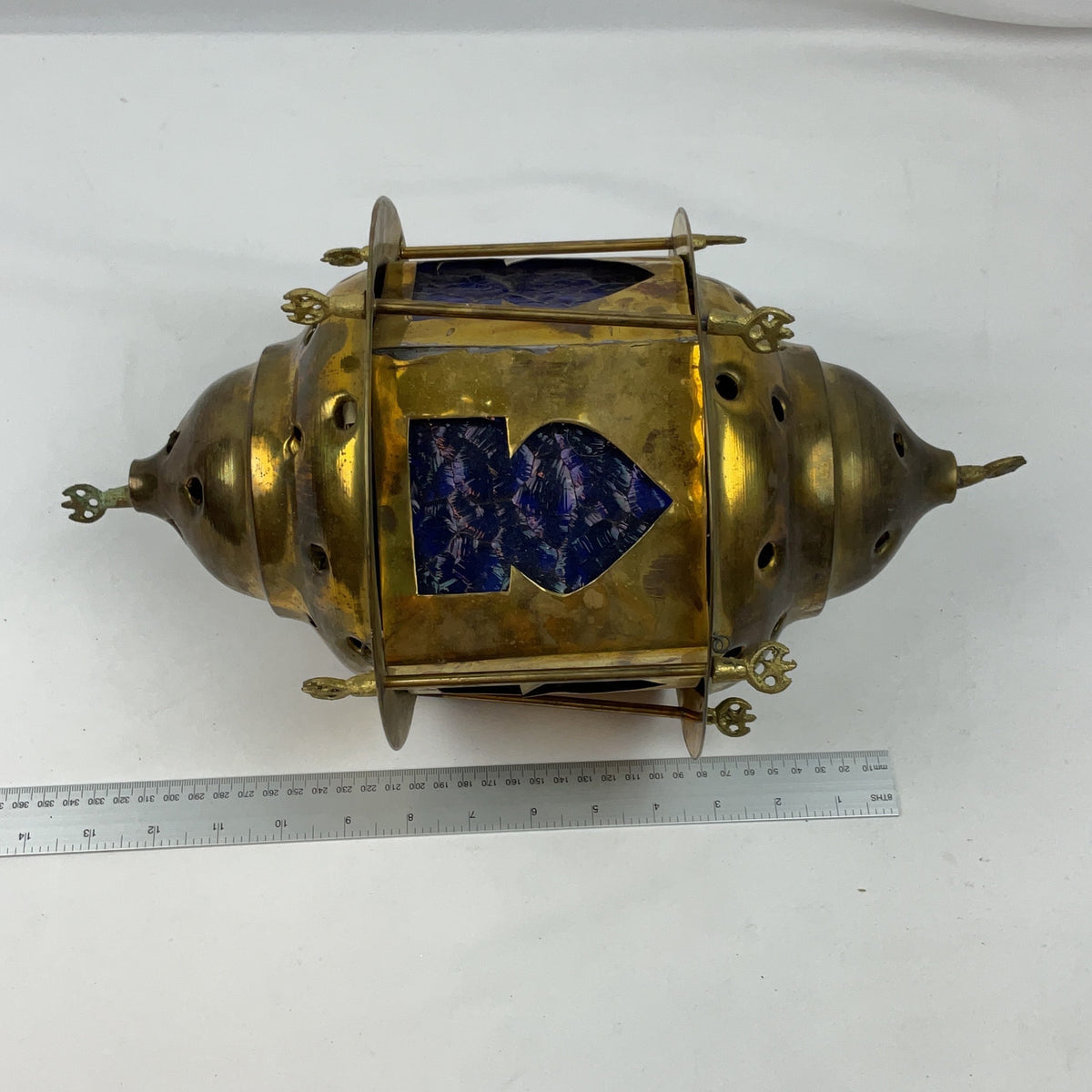 Brass Hanging Lantern Blue Glass Vintage Moroccan Style Pierced Ceiling Light