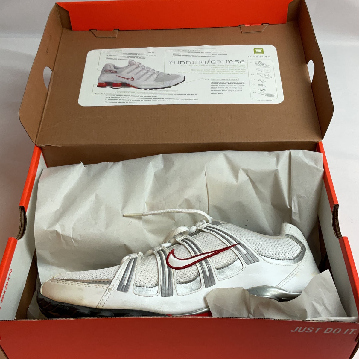 Nike Shox Running Shoes White UK 8.5 Red Silver Y2K Trainers Boxed Retro