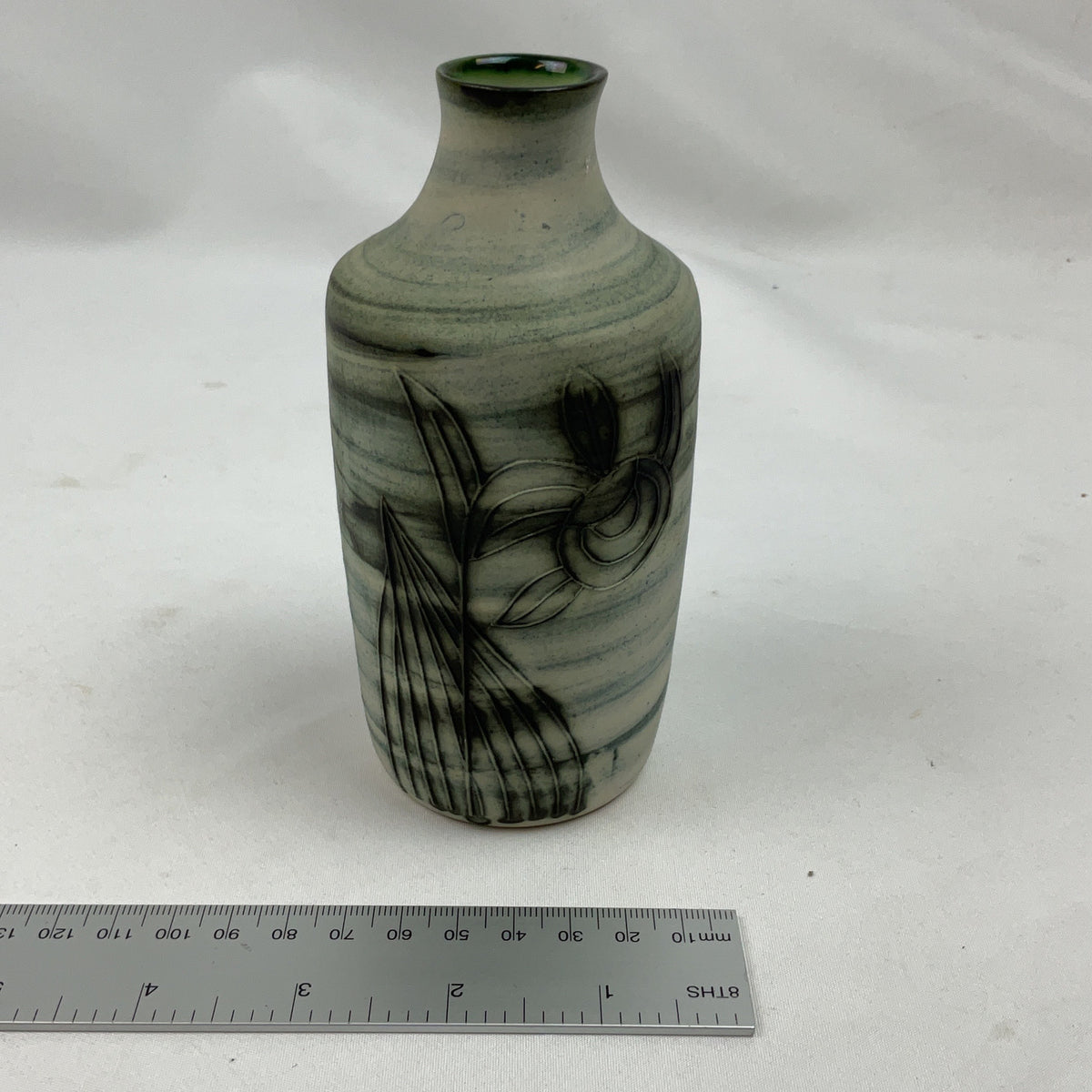 Carn Pottery Bud Vase Ceramic Green Grey Studio Pottery Cornwall Swirl Design