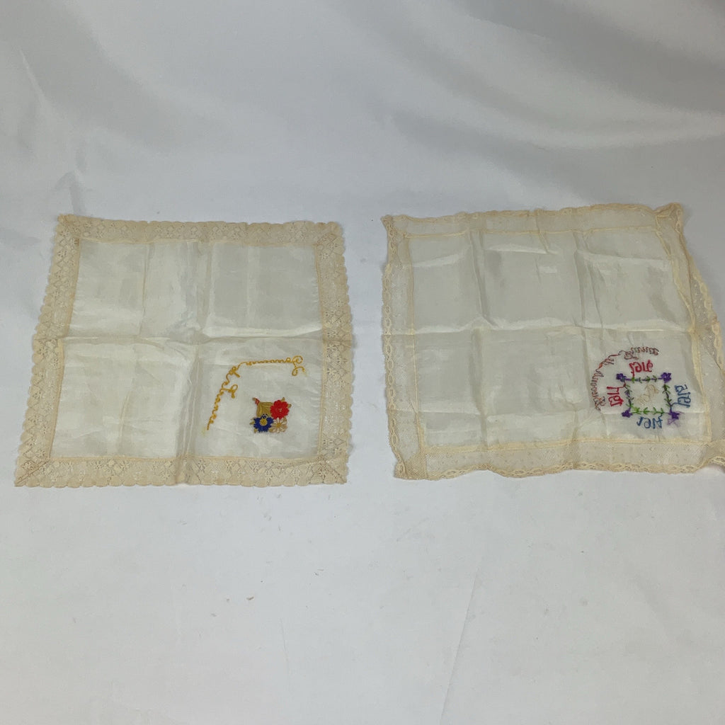 Antique WWI Souvenir de France Silk Handkerchiefs Set of 2 Embroidered Lace