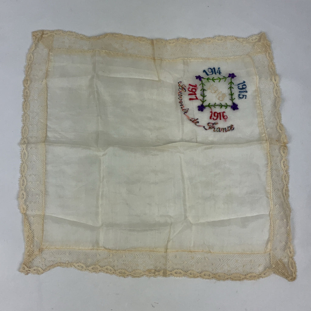 Antique WWI Souvenir de France Silk Handkerchiefs Set of 2 Embroidered Lace
