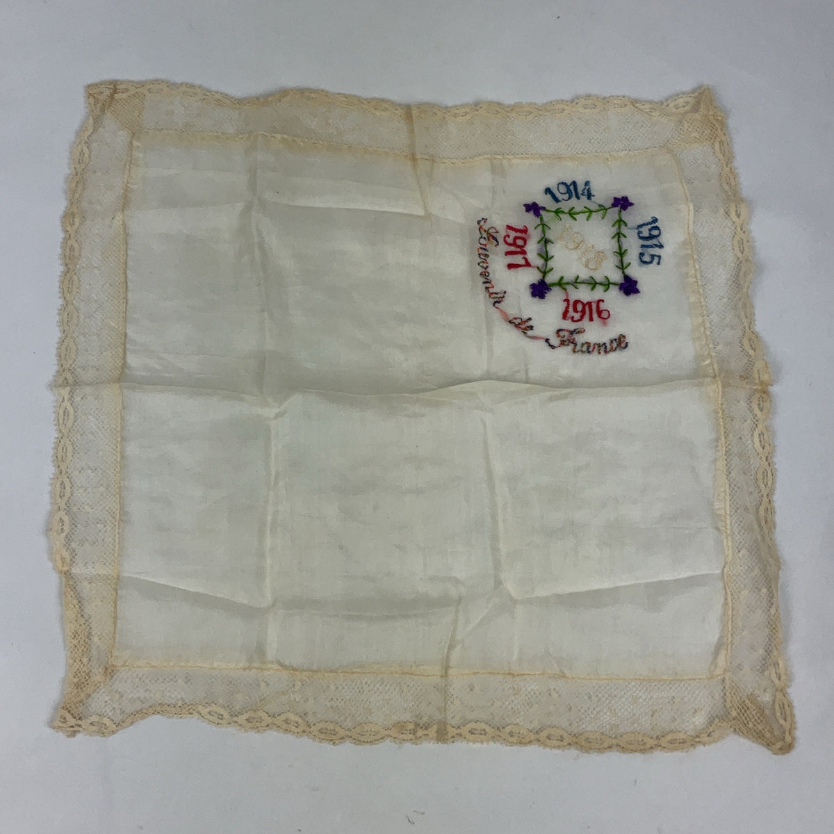 Antique WWI Souvenir de France Silk Handkerchiefs Set of 2 Embroidered Lace