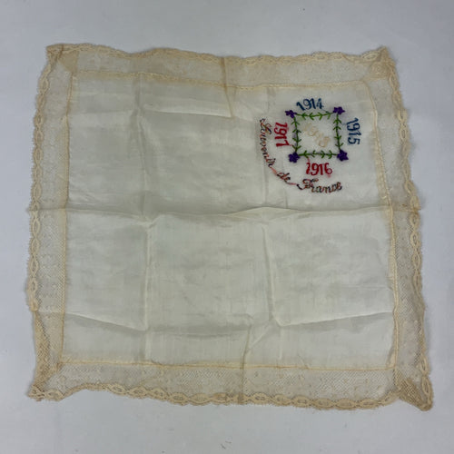Antique WWI Souvenir de France Silk Handkerchiefs Set of 2 Embroidered Lace
