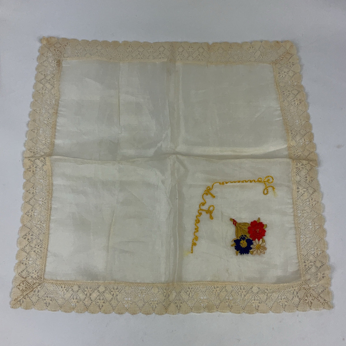 Antique WWI Souvenir de France Silk Handkerchiefs Set of 2 Embroidered Lace