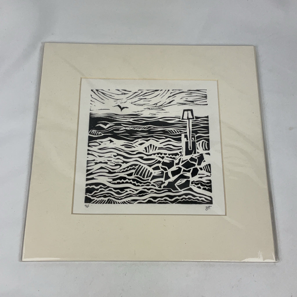 Sarah Humby Avon Beach Lino Cut Print Black White 14x14cm Signed Seascape