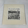 Sarah Humby Avon Beach Lino Cut Print Black White 14x14cm Signed Seascape