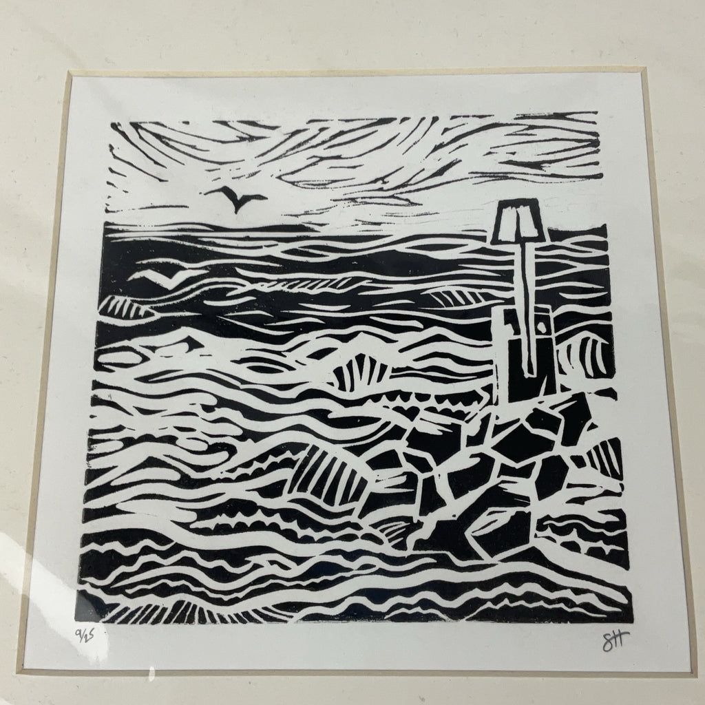 Sarah Humby Avon Beach Lino Cut Print Black White 14x14cm Signed Seascape