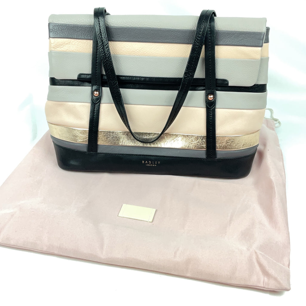 Radley London Tote Leather Striped Shoulder Bag Womens Nude Gold Black Grey